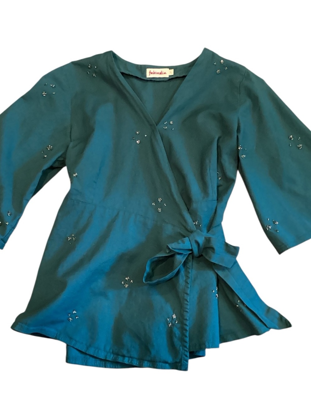Fabindia Teal Cotton Linen Wrap Top Beaded Floral Embellished Boho Large - Picture 9 of 9